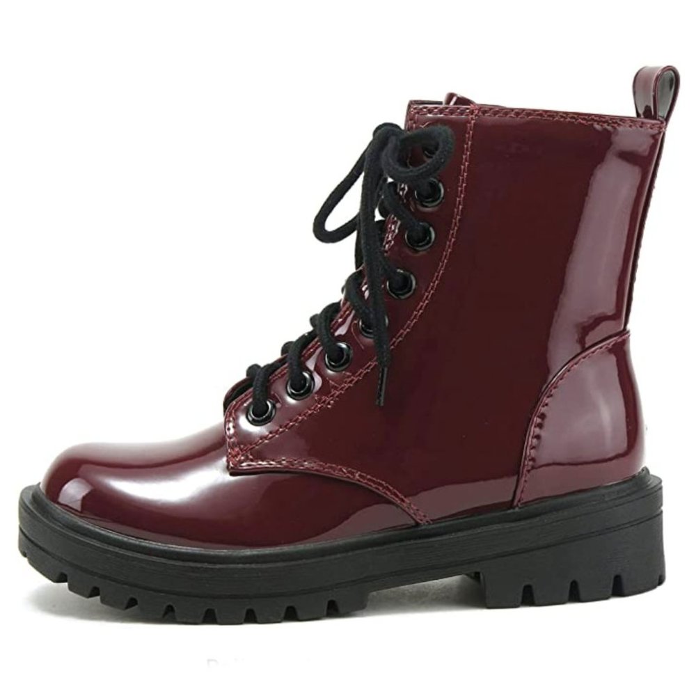 New Burgundy Patent Combat Lace Up Lug Boots Ankle Booties